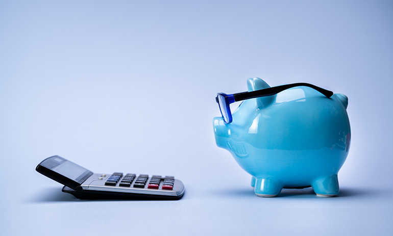 piggy bank with glasses look at calculator