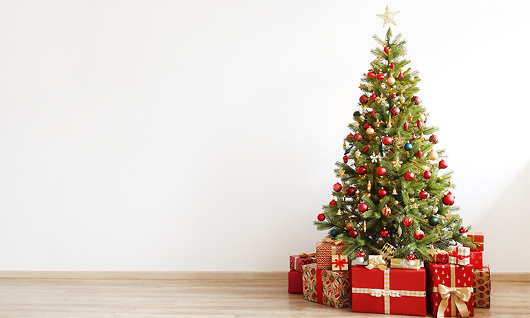 Decorated Christmas Tree with wrapped presents underneath.