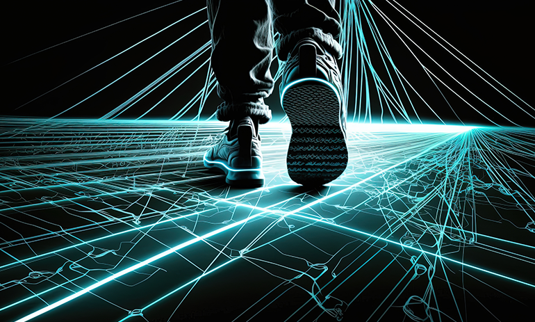 Man walking across a digital footpath