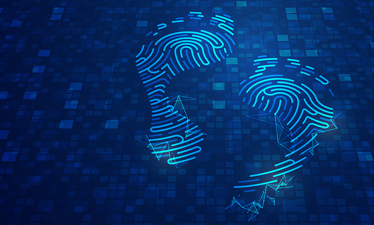 Footprints against a technology-themed background.