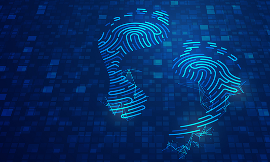 Footprints against a technology-themed background.