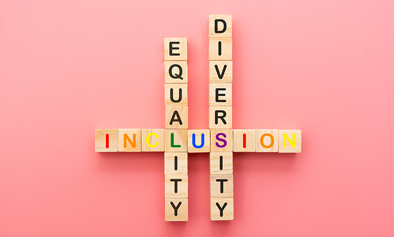 Blocks spelling out Equality, Diversity and Inclusion interlinking with each other.