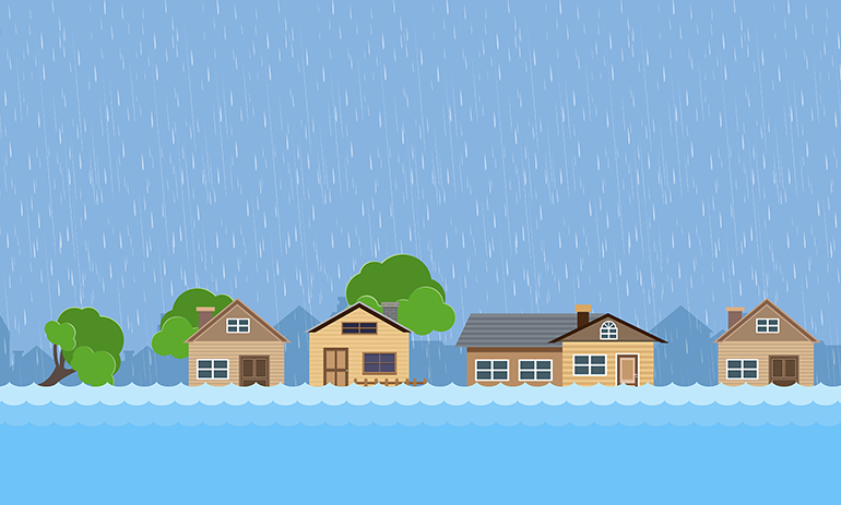 cartoon of houses being flooded
