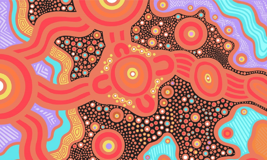 Aboriginal dot painting in orange, purple and light blue|technology waves