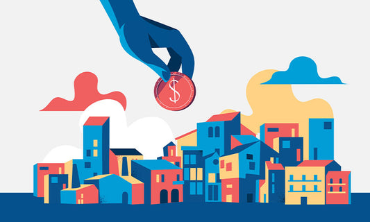 |cartoon houses with person holding coin