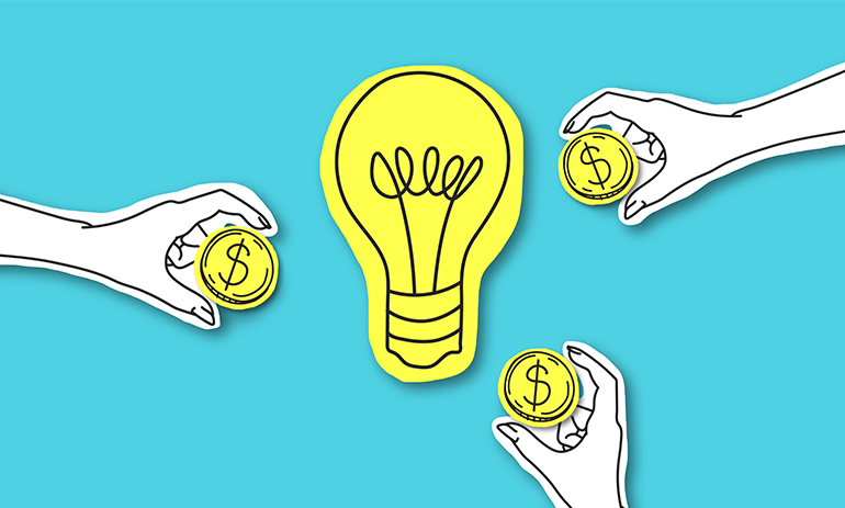 Cartoon hands holding gold coins around a lightbulb.