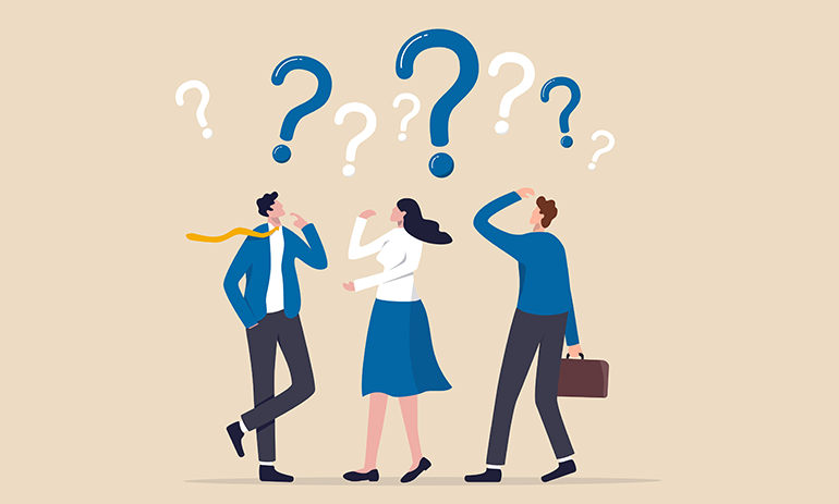 cartoon workers looking worried with question marks above their heads