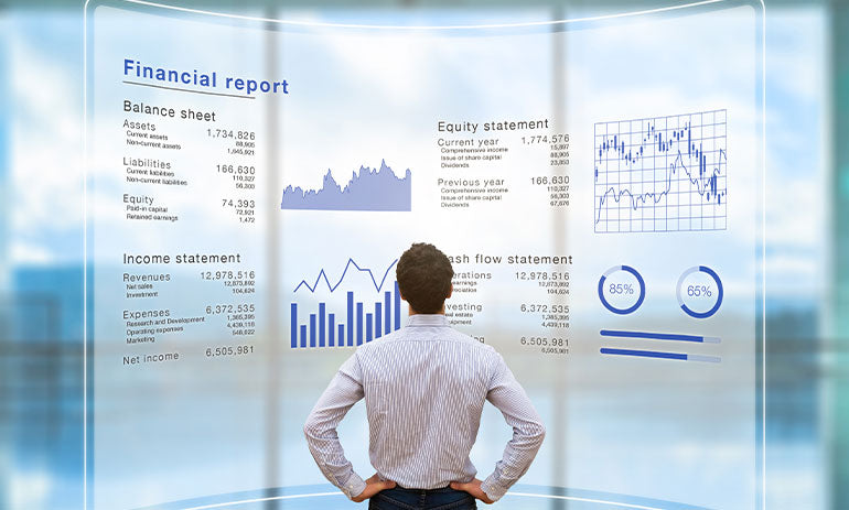 Man looking at projection of financial reports.|Graph showing first survey results|Graph showing second set of survey results|Graph showing third set of survey results