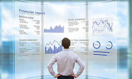 Man looking at projection of financial reports.|Graph showing first survey results|Graph showing second set of survey results|Graph showing third set of survey results