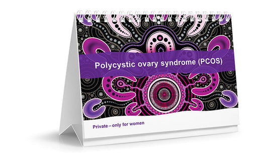 A booklet featuring purple Aboriginal artwork, titled Polycystic Ovary Syndrome (PCOS)|A group of women at a market stall. They are all smiling and look excited.