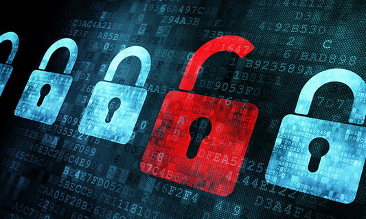 A row of blue locks and one unlocked red lock with coding over the top to symoblise cyber attack