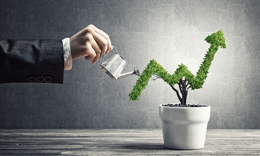 Man in a business suit watering a plant in the shape of an upward arrow.