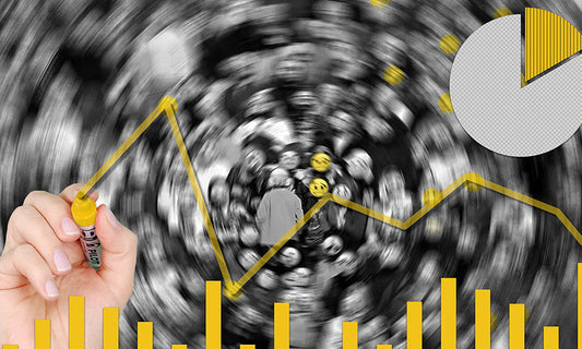 A graphic image showing a swirled background of people, with an overlay of a bar graph and pie chart and a person drawing a yellow trend line across the bar graph
