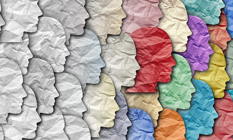 A graphic of overlapping blank faces, some in different colours like red, blue, purple and yellow|silhouettes of faces