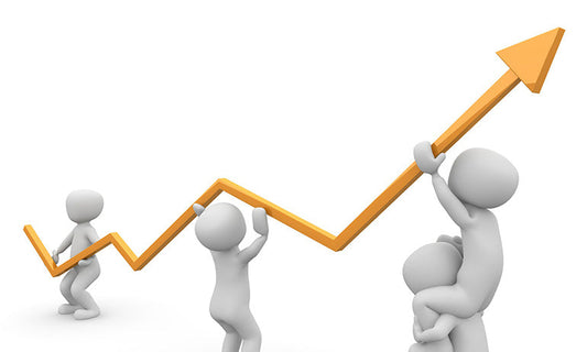 a graphic of four stick figure people in white, holding up a gold arrow that trends upwards