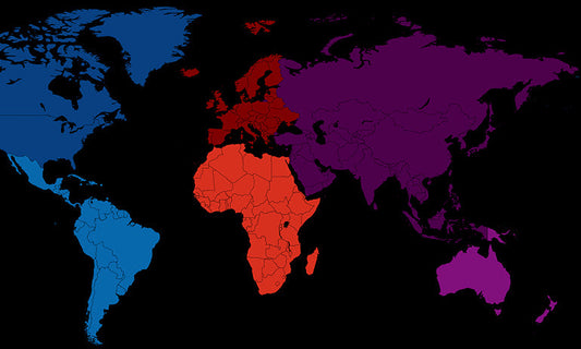 A picture of a world map, with the Americas, Europe and Africa, and the Asia Pacific all in different colours.