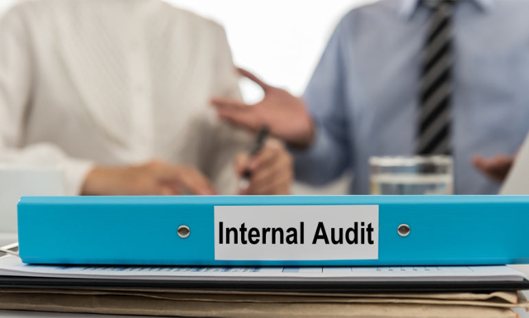 blue ring binder on a desk labelled Internal Audit||