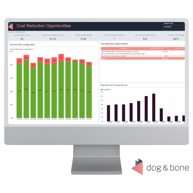 Telco expense dashboard, Telco BI, is displayed on a computer screen showing cost reduction opportunities via bar graphs. It?s also showing recommended actions for an IT Manager to take.