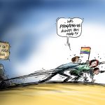 Simon Kneebone "Progressive" Cartoon, campaigners dragging coal up the hill