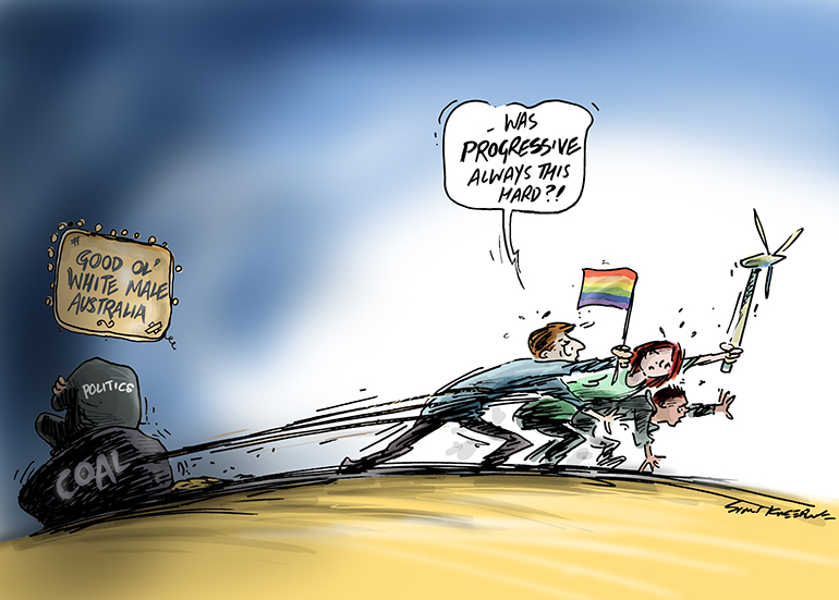 Simon Kneebone "Progressive" Cartoon, campaigners dragging coal up the hill