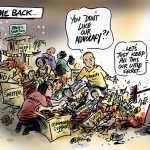 Simon Kneebone Out the Back cartoon, showing government sweeping advocacy our the back door