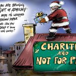 The gift of advocacy cartoon - santa on a roof of a charity giving the gift of advocacy - quietly!