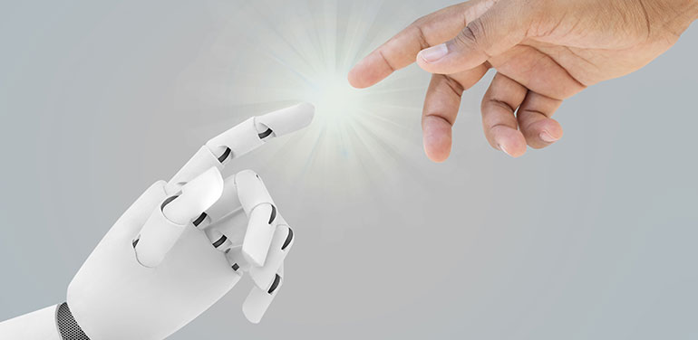 Robot hand reaching to touch human hand