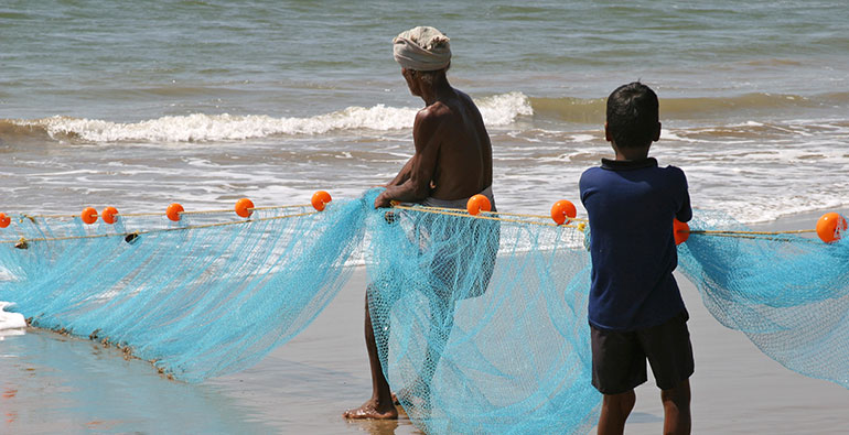 People pulling in a fishing net from the beach