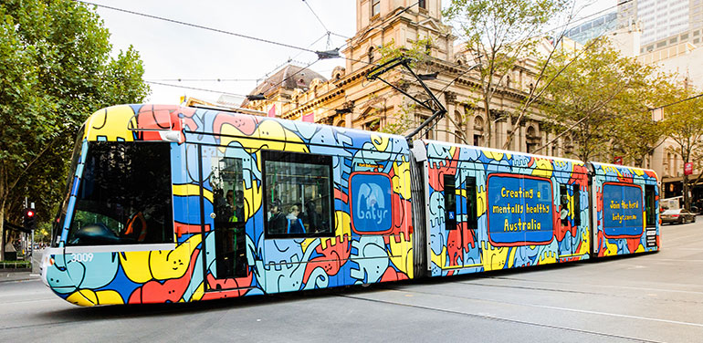 A Melbourne tram decorated by mental health organisation, batyr. Photo: Yarra Trams Community Partnerships Program.