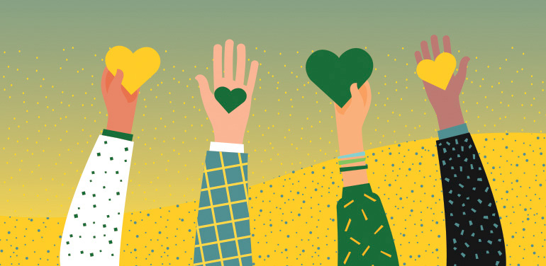 Giving Tuesday graphic of four arms in the air holding hearts in green and yellow