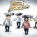 charity training cartoon - people learning to walk with expectation and obligation on their heads