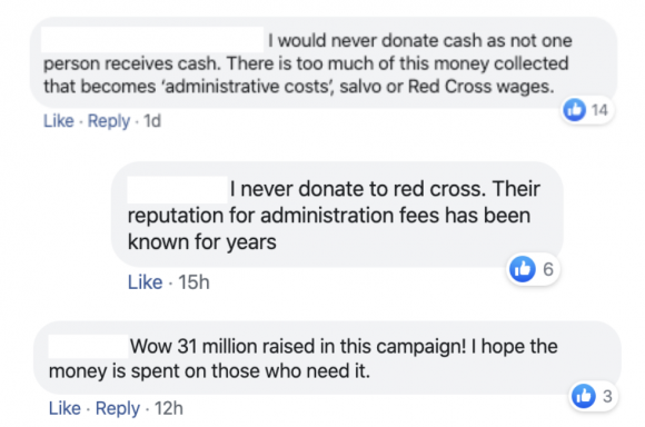 Facebook comments about charities