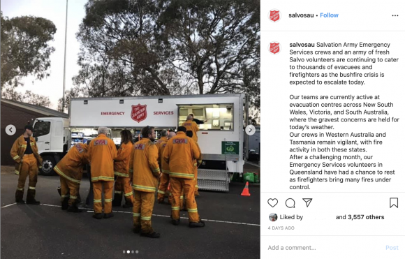 Photo from Salvation Army Instagram showing firies getting food from Salvos