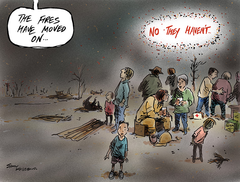 "No they haven't cartoon" showing people sitting in the aftermath of the bushfires