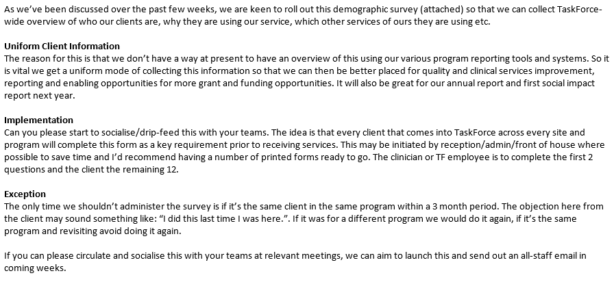 extract from an all staff email sent to TaskForce staff about the upcoming survey