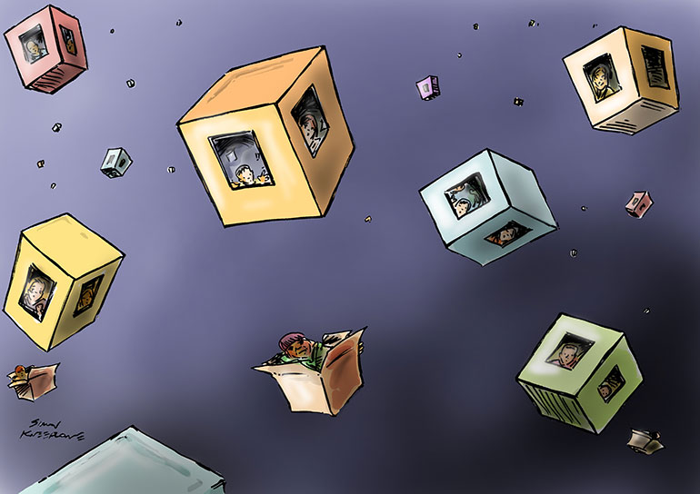 people looking out of boxes floating in space