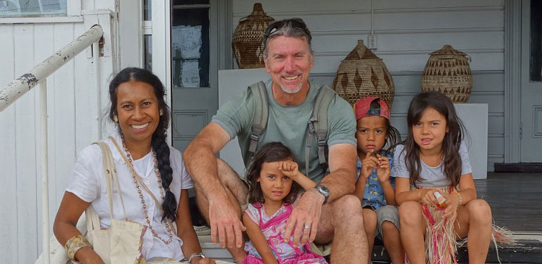 Mele (left) and Mark, with their children (left-right) Reine, Ezra, and Sia, in Tonga.