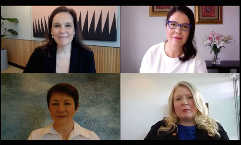 Screenshot from the RESET2020 video showing split screen with four women speaking through online platform