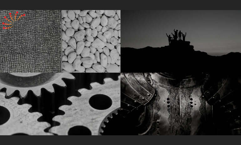 five tiles of different images all black and white, close up of cogs, pebbles, silhouette of people in a group