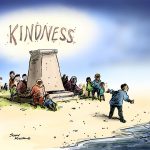 Kindness cartoon - refugees on a beach by a statue which has the word kindness over