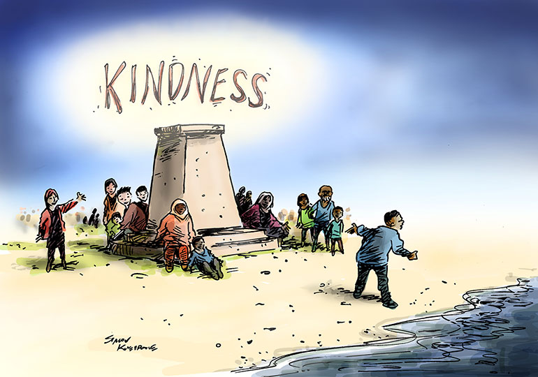 Kindness cartoon - refugees on a beach by a statue which has the word kindness over