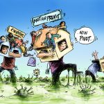 Kneebone Cartoon - people wading through water with coronavirus in it, houses on their backs labelled charities and not for profits. One person says "Now Pivot".