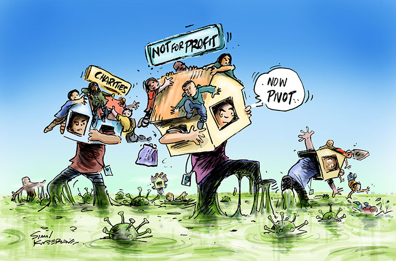 Kneebone Cartoon - people wading through water with coronavirus in it, houses on their backs labelled charities and not for profits. One person says "Now Pivot".