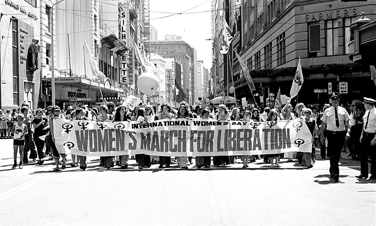 Black and white image of womens march for liberation