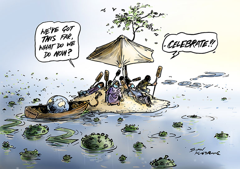 What do we do now cartoon - showing people on an island surrounded by coronavirus, with the earth in a boat, looking out to the words 2021? Speech bubbles: "we've got this far, what do we do now?" "Celebrate!"