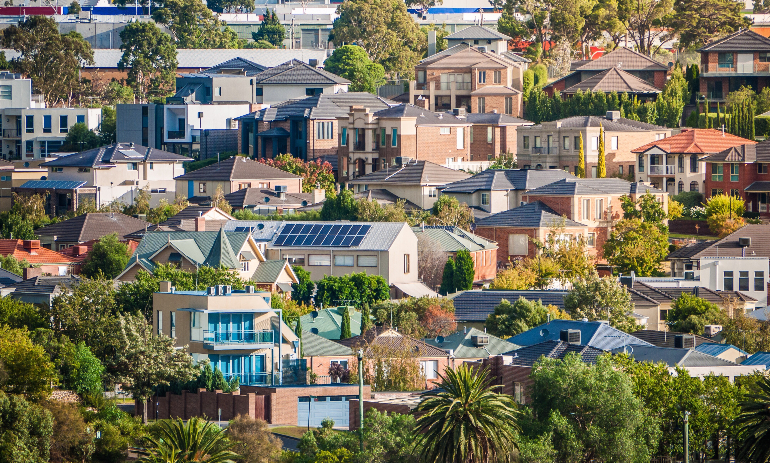 View of residential houses in Melbourne's suburb on a hill.