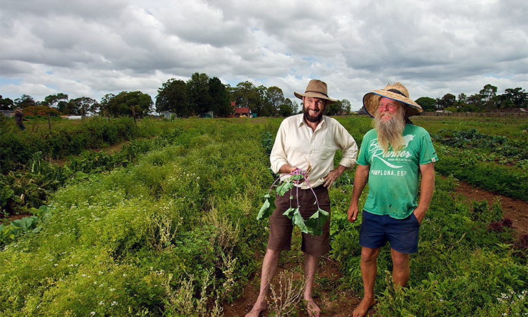 Two men standing in field