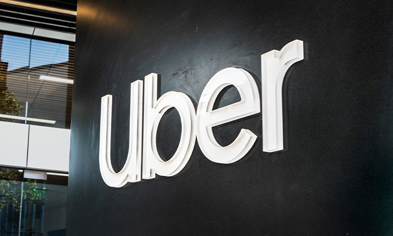 Close up of UBER sign at their headquarters in SOMA district