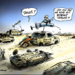 Targets cartoon - caricature of Scott Morrison sitting on top of a vaccine needle on top of a car driving in the desert saying "look how far we have got without targets". Behind him are abandones cars with the words "homeless" "emissions reduction" "deaths in custody" "no child living in poverty"