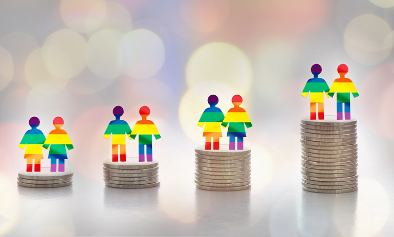 cut outs of people in rainbow colours stand on top of ever increasing stacks of coins